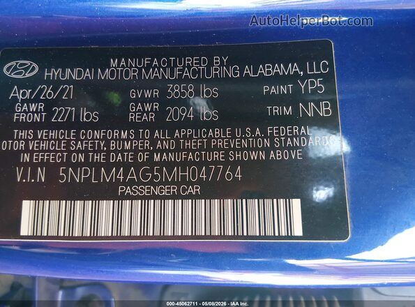 5NPLM4AG5MH047764 2021 HYUNDAI ELANTRA Blue Շարժիչի բաժամունքի տեսք