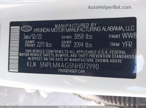 5NPLM4AG5NH072990 2022 HYUNDAI ELANTRA White Շարժիչի բաժամունքի տեսք