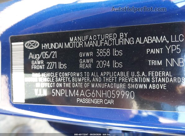 5NPLM4AG6NH059990 2022 HYUNDAI ELANTRA Blue Շարժիչի բաժամունքի տեսք