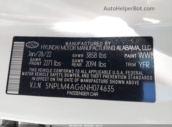 5NPLM4AG6NH074635 2022 HYUNDAI ELANTRA White Widok komory silnika