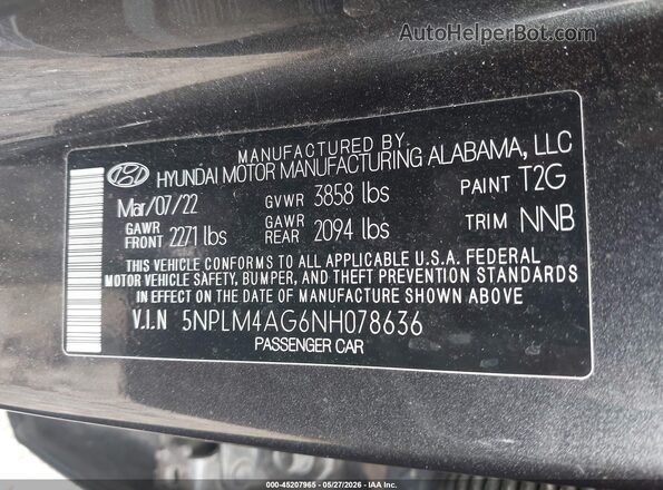 5NPLM4AG6NH078636 2022 HYUNDAI ELANTRA Gray Вид підкапотного простору