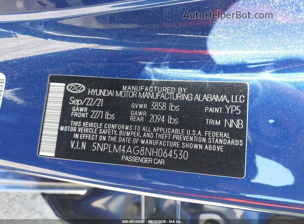 5NPLM4AG8NH064530 2022 HYUNDAI ELANTRA Синий Вид подкапотного пространства