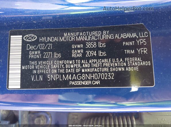 5NPLM4AG8NH070232 2022 HYUNDAI ELANTRA Blue ძრავის განყოფილების ხედი