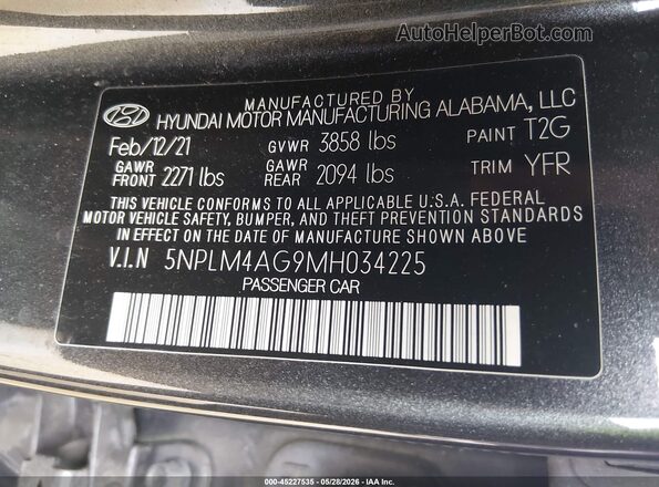 5NPLM4AG9MH034225 2021 HYUNDAI ELANTRA Gray Вид підкапотного простору