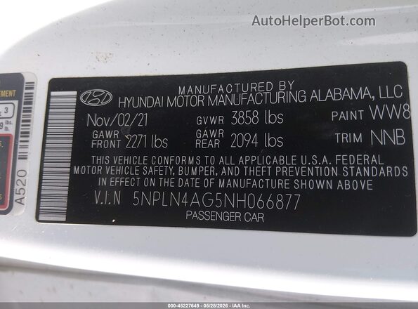 5NPLN4AG5NH066877 2022 HYUNDAI ELANTRA White Շարժիչի բաժամունքի տեսք