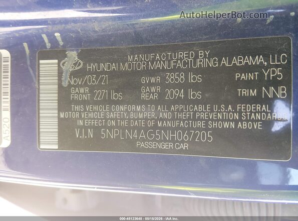 5NPLN4AG5NH067205 2022 HYUNDAI ELANTRA Blue Շարժիչի բաժամունքի տեսք