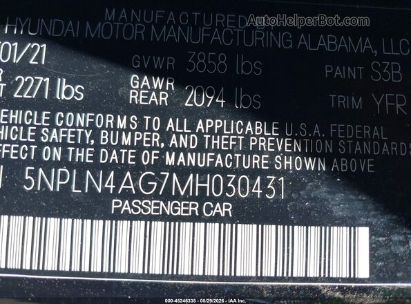 5NPLN4AG7MH030431 2021 HYUNDAI ELANTRA Black Շարժիչի բաժամունքի տեսք