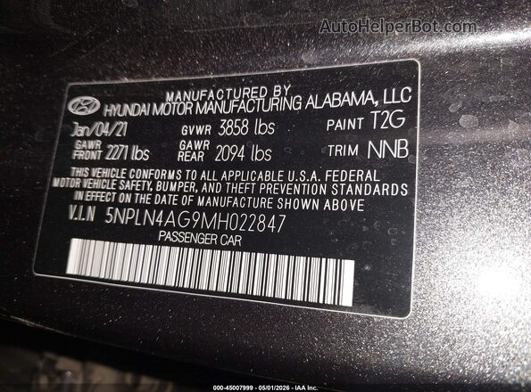 5NPLN4AG9MH022847 2021 HYUNDAI ELANTRA Gray ძრავის განყოფილების ხედი