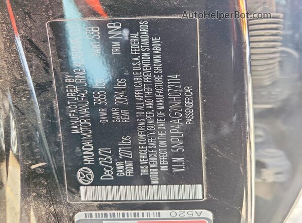 5NPLP4AG2NH072114 2022 HYUNDAI ELANTRA Black ძრავის განყოფილების ხედი