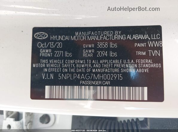 5NPLP4AG7MH002915 2021 HYUNDAI ELANTRA White Engine compartment view