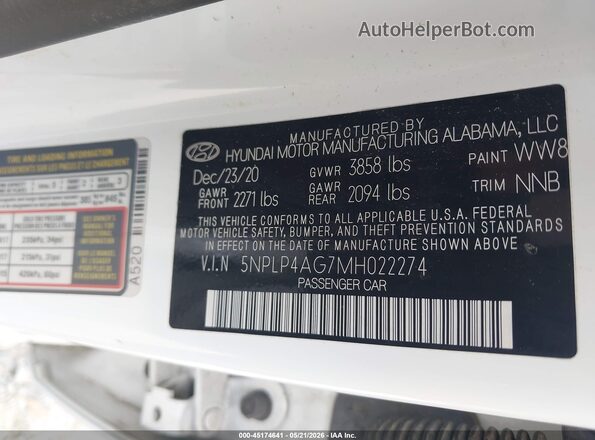 5NPLP4AG7MH022274 2021 HYUNDAI ELANTRA White 