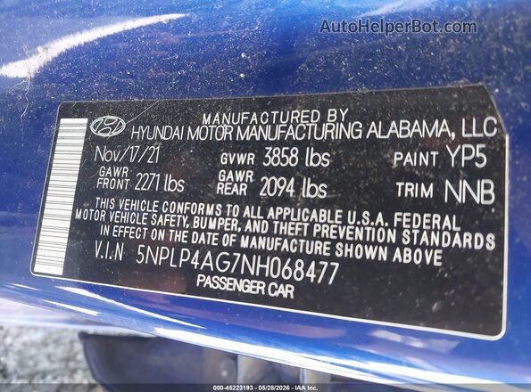 5NPLP4AG7NH068477 2022 HYUNDAI ELANTRA Blue Engine compartment view