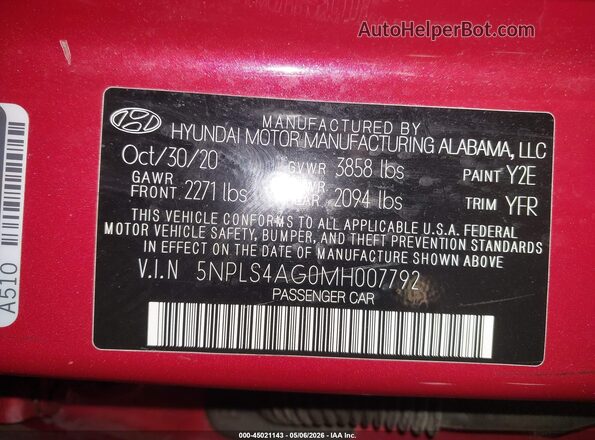 5NPLS4AG0MH007792 2021 HYUNDAI ELANTRA Red Widok komory silnika
