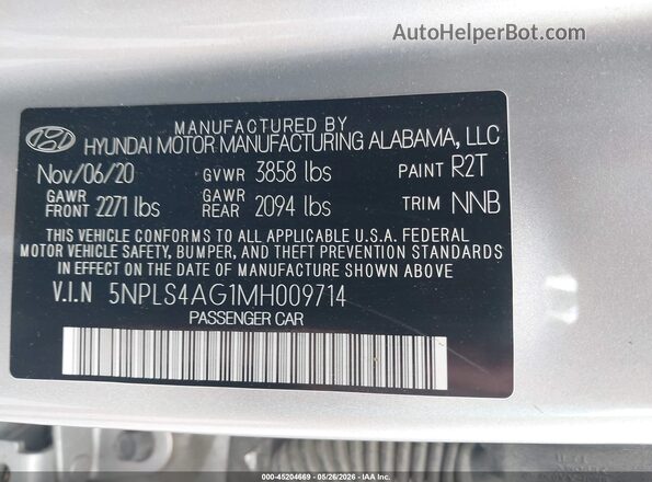 5NPLS4AG1MH009714 2021 HYUNDAI ELANTRA Silver Widok komory silnika