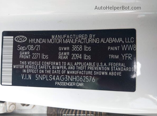 5NPLS4AG3NH062576 2022 HYUNDAI ELANTRA White 