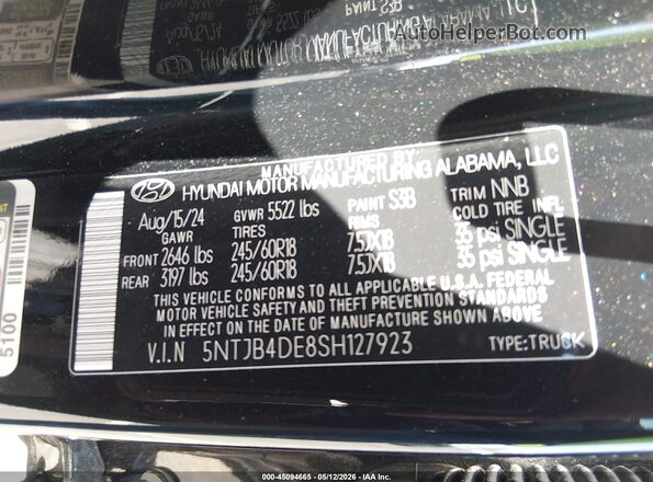 5NTJB4DE8SH127923 2025 HYUNDAI SANTA CRUZ Black Շարժիչի բաժամունքի տեսք
