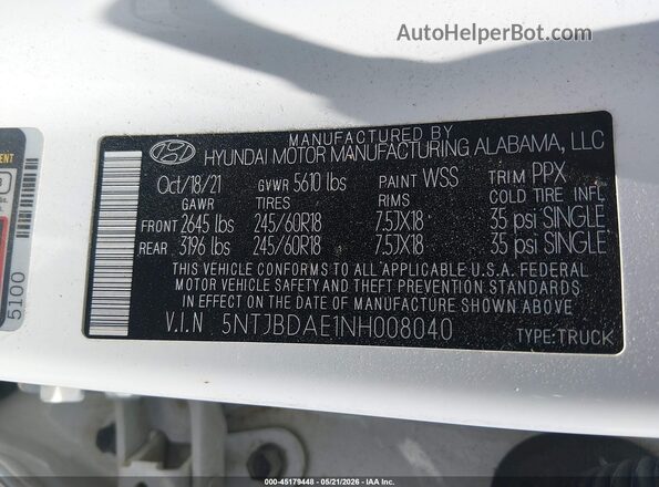 5NTJBDAE1NH008040 2022 HYUNDAI SANTA CRUZ White 