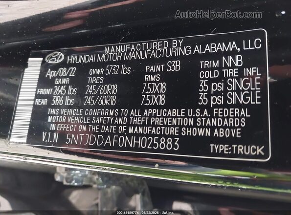 5NTJDDAF0NH025883 2022 HYUNDAI SANTA CRUZ Черный Вид подкапотного пространства