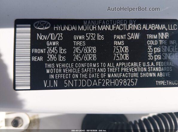 5NTJDDAF2RH098257 2024 HYUNDAI SANTA CRUZ White 