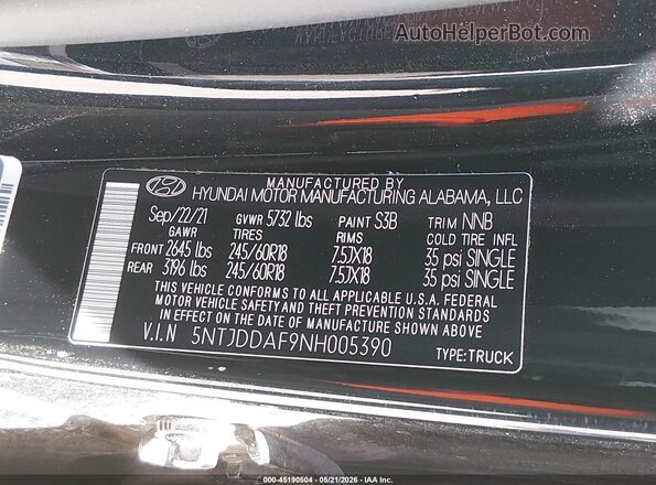 5NTJDDAF9NH005390 2022 HYUNDAI SANTA CRUZ Black Вид підкапотного простору
