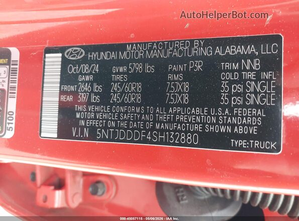 5NTJDDDF4SH132880 2025 HYUNDAI SANTA CRUZ Red Вид підкапотного простору