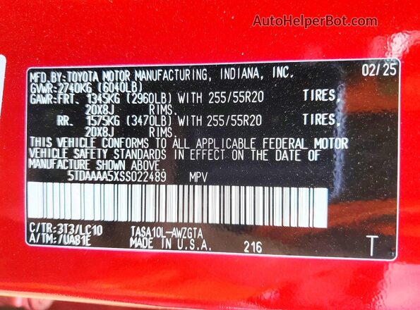 5TDAAAA5XSS022489 2025 TOYOTA GRAND Красный 