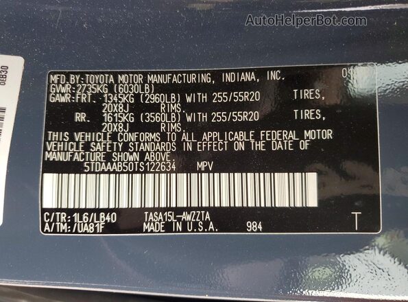 5TDAAAB50TS122634 2026 TOYOTA GRAND Gray VIN կոդի պիտակի տեսք