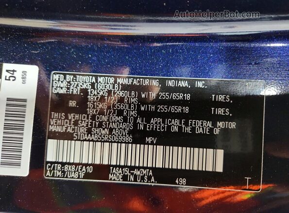5TDAAAB55RS069986 2024 TOYOTA GRAND Синий 