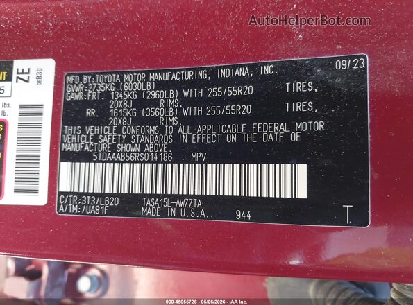 5TDAAAB56RS014186 2024 TOYOTA GRAND HIGHLANDER Red 