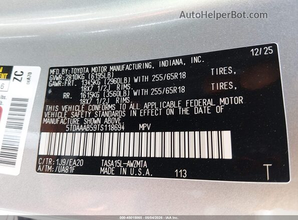 5TDAAAB59TS118694 2026 TOYOTA LE Silver Вид підкапотного простору