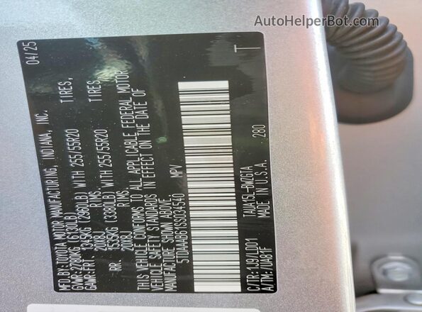 5TDAAAB61SS034540 2025 LEXUS TX Silver Vista de la etiqueta del VIN