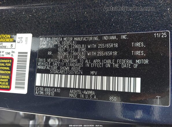5TDACAB53TS078574 2026 TOYOTA GRAND HIGHLANDER HYBRID Blue Շարժիչի բաժամունքի տեսք