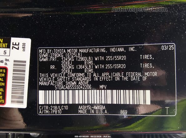 5TDACAB55SS042206 2025 TOYOTA GRAND HIGHLANDER Черный Вид подкапотного пространства