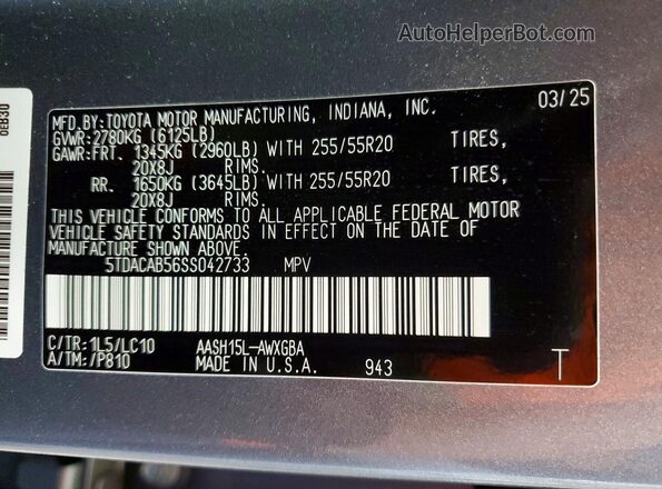 5TDACAB56SS042733 2025 TOYOTA GRAND Gray VIN sticker view