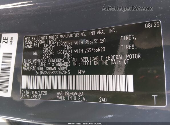 5TDACAB58SS062045 2025 TOYOTA GRAND HIGHLANDER Gray ძრავის განყოფილების ხედი