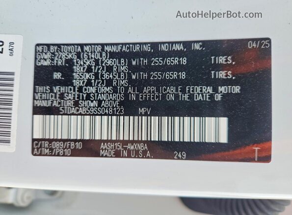 5TDACAB59SS048123 2025 TOYOTA GRAND Белый 