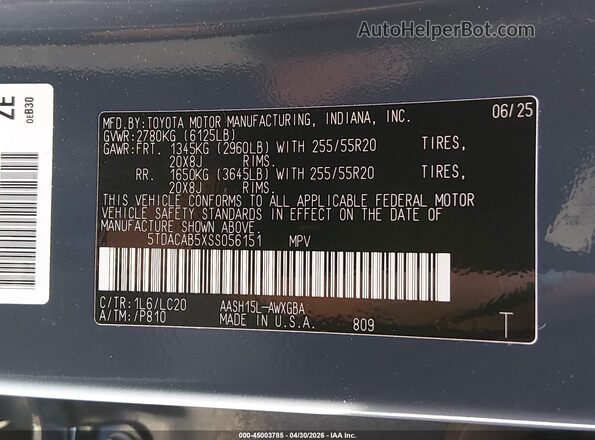 5TDACAB5XSS056151 2025 TOYOTA LIMITED Blue Շարժիչի բաժամունքի տեսք