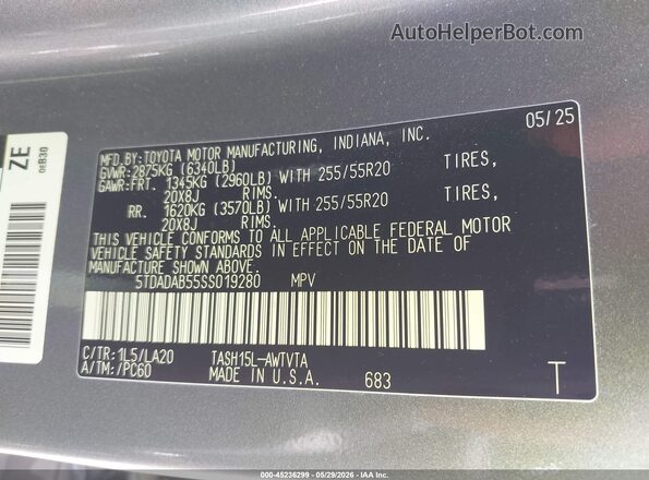 5TDADAB55SS019280 2025 TOYOTA GRAND HIGHLANDER Gray ძრავის განყოფილების ხედი
