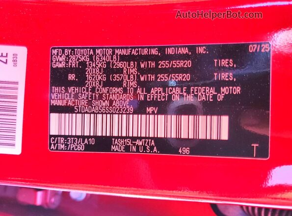 5TDADAB56SS023239 2025 TOYOTA HIGHLANDER HYBRID Red VIN կոդի պիտակի տեսք