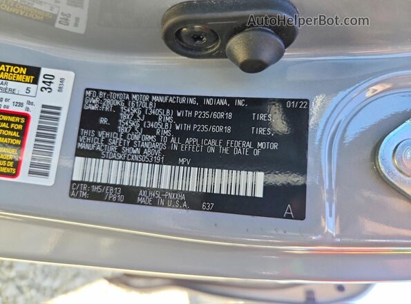 5TDASKFCXNS053191 2022 TOYOTA SIENNA Gray Widok wnętrza 360 stopni