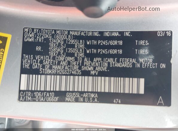 5TDBKRFH2GS274635 2016 TOYOTA LE Серебряный Вид подкапотного пространства