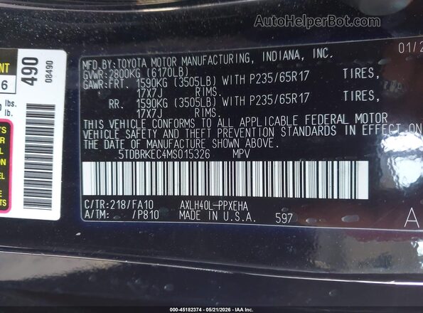 5TDBRKEC4MS015326 2021 TOYOTA SIENNA Black ძრავის განყოფილების ხედი
