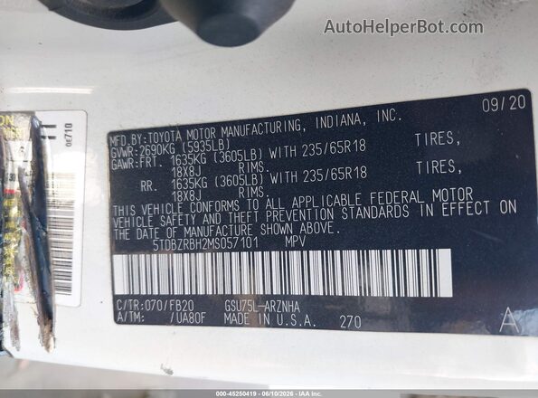 5TDBZRBH2MS057101 2021 TOYOTA HIGHLANDER White 