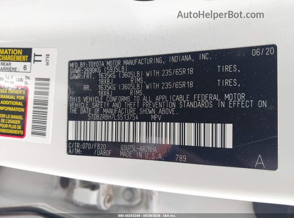 5TDBZRBH7LS513754 2020 TOYOTA HIGHLANDER White Vista del compartimento del motor