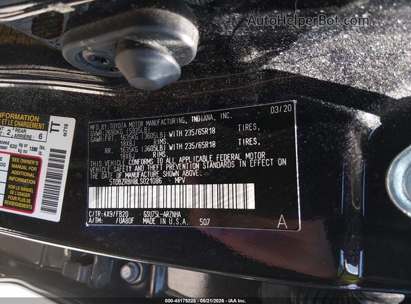 5TDBZRBH8LS021086 2020 TOYOTA HIGHLANDER Purple Widok komory silnika