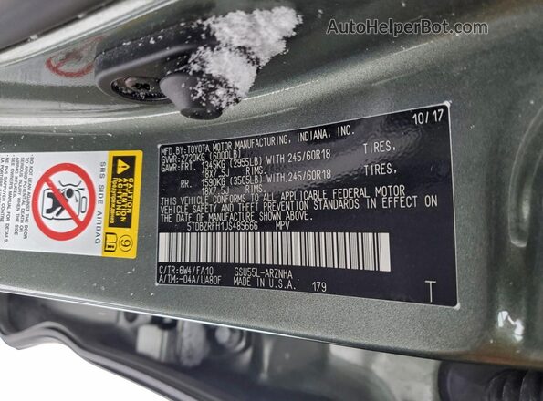 5TDBZRFH1JS485666 2018 TOYOTA HIGHLANDER Зеленый Вид наклейки с VIN-кодом