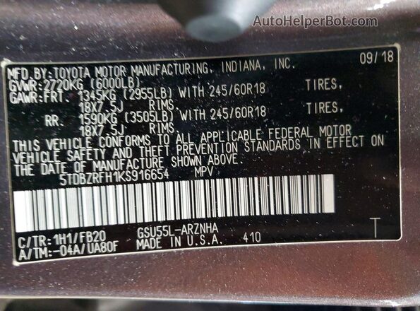 5TDBZRFH1KS916654 2019 TOYOTA HIGHLANDER Gray VIN კოდის სტიკერის ხედი