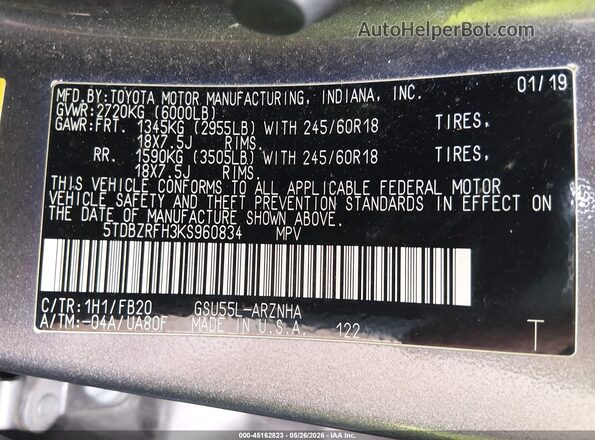 5TDBZRFH3KS960834 2019 TOYOTA HIGHLANDER Серый Вид подкапотного пространства