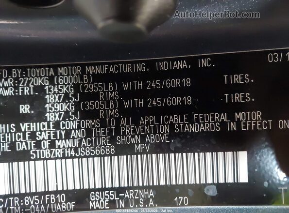 5TDBZRFH4JS856688 2018 TOYOTA HIGHLANDER Dark Blue Շարժիչի բաժամունքի տեսք