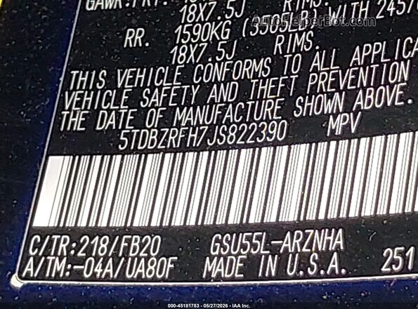 5TDBZRFH7JS822390 2018 TOYOTA HIGHLANDER Black Շարժիչի բաժամունքի տեսք